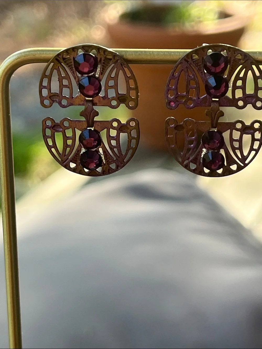 Purple/Pink Iridescent Art Deco Filigree Stud Earrings with Purple Stones